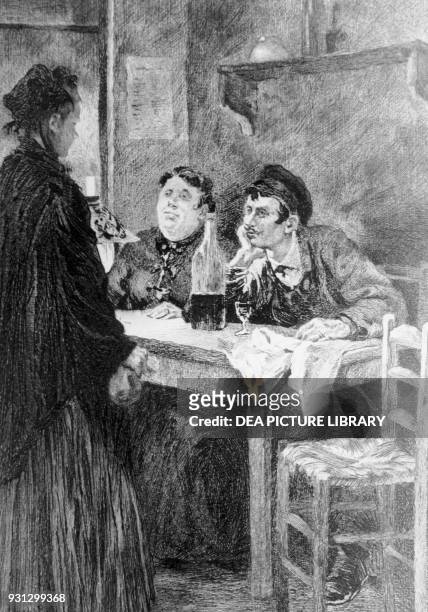 Germinie giving her money to Jupillon, illustration for Germinie Lacerteux, novel by Edmond de Goncourt and Jules de Goncourt , etching by L Muller...