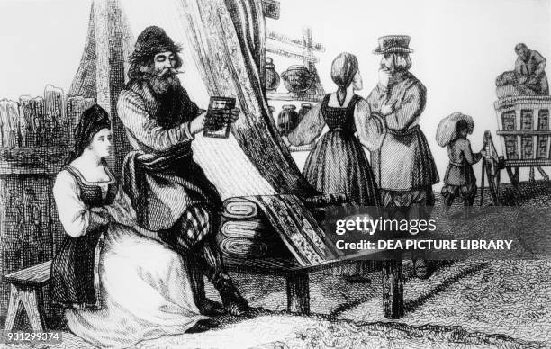 Fabric merchant calculating the cost of his merchandise on an abacus, Russia, engraving from Russia, by Jean-Marie Chopin , Venice, 1842.