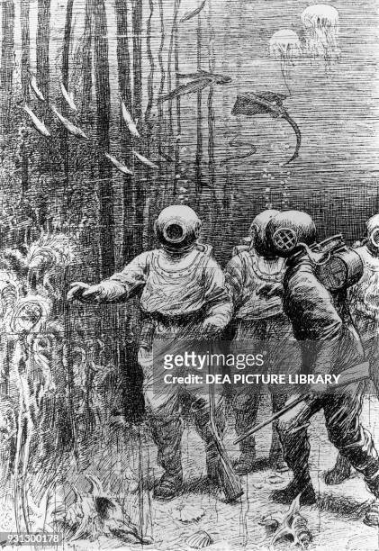Captain Nemo and his companions walk on the sea floor, illustration by Fabio Fabbi for Twenty Thousand Leagues Under the Sea by Jules Verne ,...