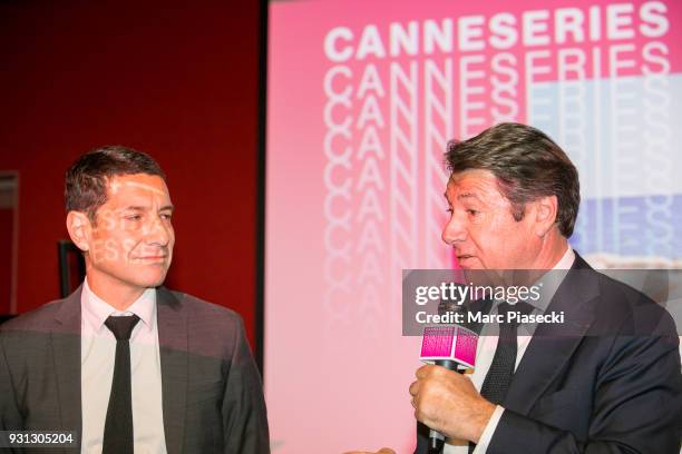David Lisnard and Christian Estrosi attend the 'CanneSeries 2018' press conference on March 13, 2018 in Paris, France.