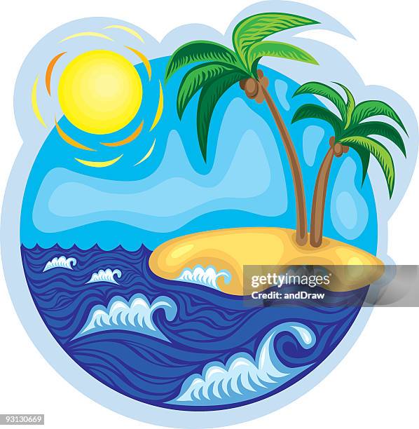 paradise island with palm trees - tiny island stock illustrations