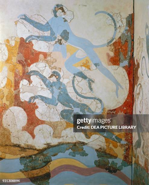 Blue monkey, fresco from Akrotiri, Santorini island or Thera, Greece, Minoan civilisation, Bronze Age.