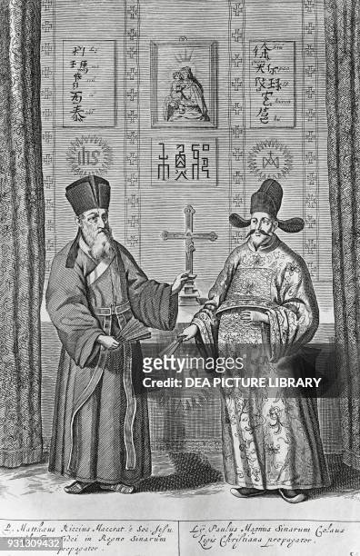 The Jesuit missionary Matteo Ricci , left, with Paulus Magnus, in China, engraving from China monumentis or China illustrated by Athanasius Kircher.