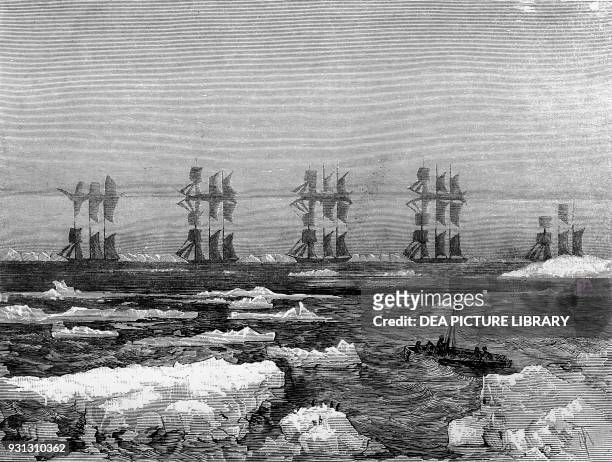 Illusion of ships at sea, effects of a mirage in the Arctic regions, illustration from In the middle of the ice: famous trips to the North Pole by...