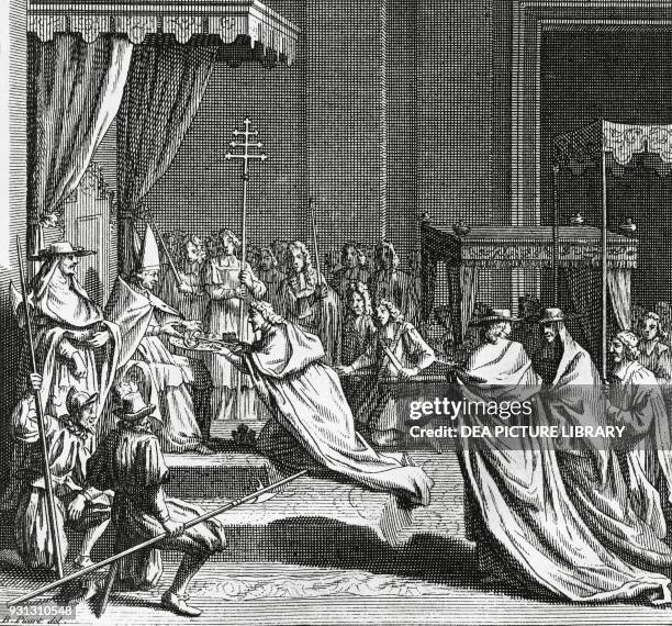 The Pope, seated on a throne, receiving the keys to the Basilica of St John in Lateran, engraving by Bernard Picart from Religious Ceremonies and...
