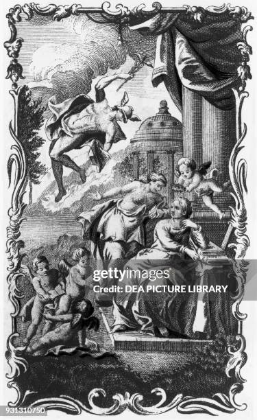 The Scholar, surrounded by winged putti, is listening to a female allegorical figure, up in the sky the god Mercury, illustration for Risorgimento...
