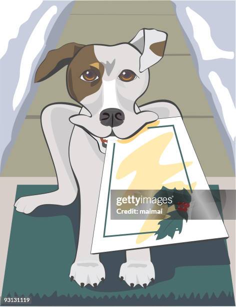 stockillustraties, clipart, cartoons en iconen met jack russel terrier with christmas mail - welkom mat