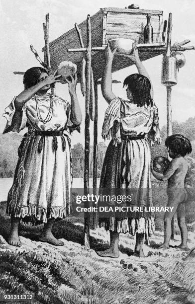 Two Indian women and a child from the American west offering food and drink to the dead, illustration entitled 'Every person has a spirit, who...