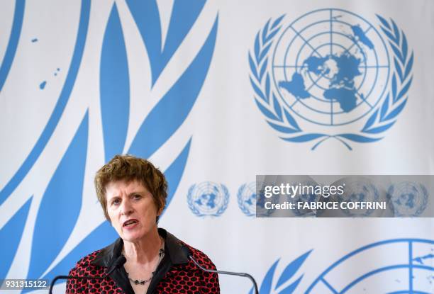 United Nations Deputy High Commissioner for Human Rights, Kate Gilmore, delivers a statement during the UN Human Rights Council session in Geneva, on...