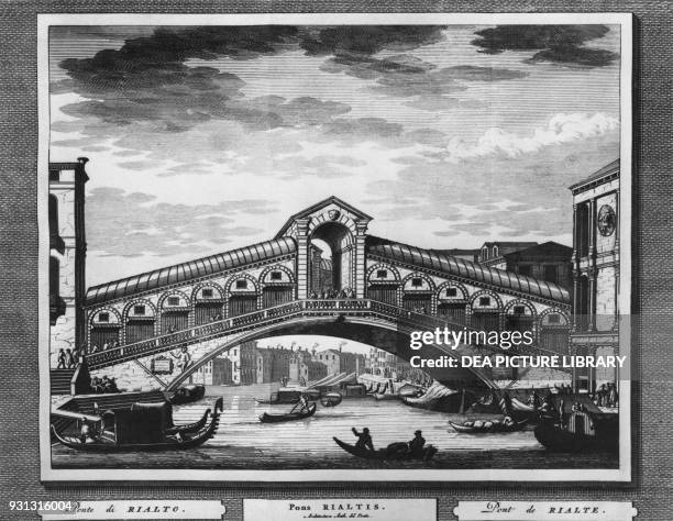 View of the Rialto Bridge in Venice, engraving from Thesaurus antiquitam et historiarum Italiae by Johann Georg Graeve, Italy, 18th century.