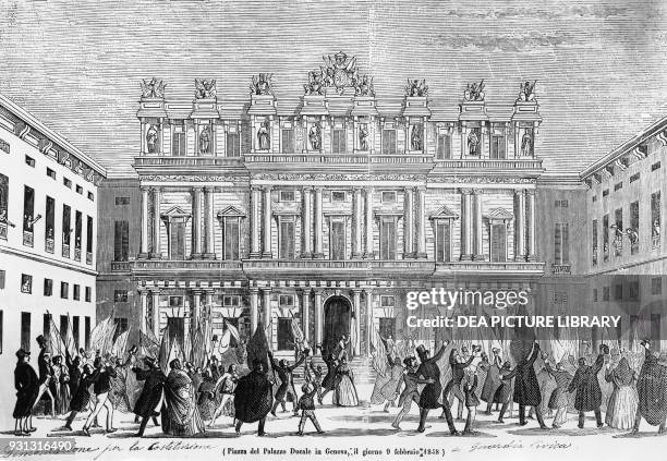 Demonstration supporting the constitution in front of Palazzo Ducale in Genoa, September 9 engraving from Il mondo illustrato, Italian unification ,...