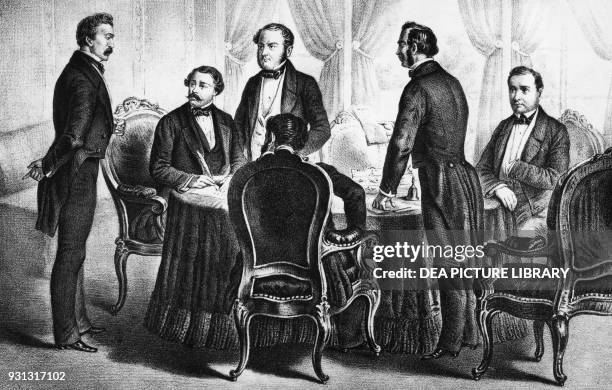 Signing of the Zurich peace treaty on November 10 between the Austrian and French Empires, after the Second Italian War of Independence, print,...