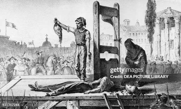 The beheading of Giuseppe Monti and Gaetano Tognetti , November 24 responsible for an attack on a barracks in Rome, lithograph Italy, 19th century.