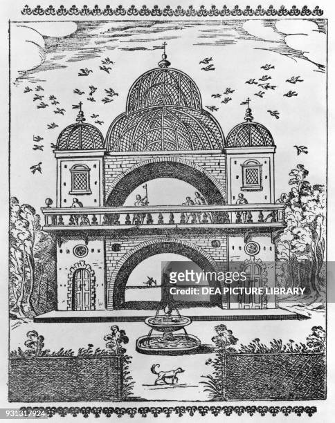 Great aviary, illustration for Uccelliera overo discorso della natura e proprieta di diversi uccelli, by Giovanni Pietro Olina , engraving from a...