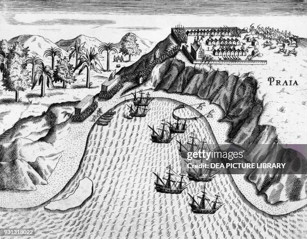 Dutch ships attacking the Portuguese fortress in of Praia, Santiago Island, Cape Verde, engraving, 16th century.