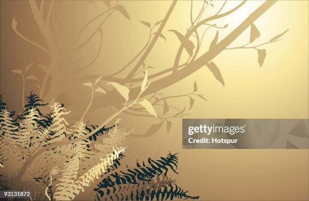 leafy tree and ferns - gold - flower stencil vector stock illustrations