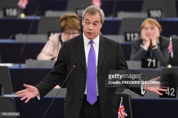 Member of the European Parliament and former leader of the anti-EU UK Independence Party Nigel Farage speaks during a plenary session at the European...
