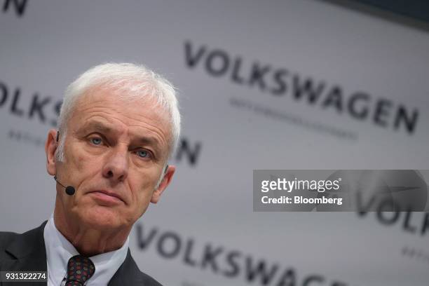 Matthias Mueller, chief executive officer of Volkswagen AG , pauses during a news conference at the automaker's annual media conference in Berlin,...