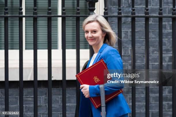 Chief Secretary to the Treasury Elizabeth Truss arrives for a weekly cabinet meeting at 10 Downing Street in central London. March 13, 2018 in...