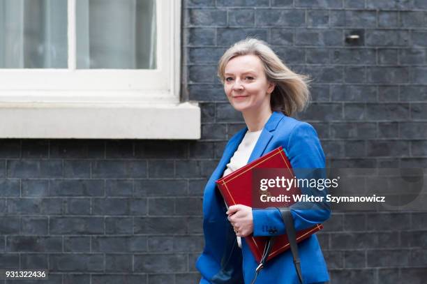 Chief Secretary to the Treasury Elizabeth Truss arrives for a weekly cabinet meeting at 10 Downing Street in central London. March 13, 2018 in...