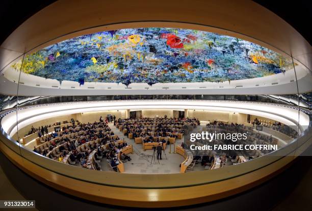 General view of the United Nations Human Rights Council during the presentation of report by the Commission of Inquiry on Syria, on March 13, 2018 in...