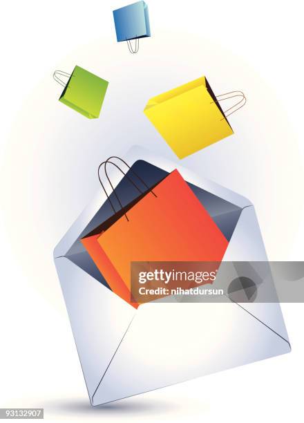 stockillustraties, clipart, cartoons en iconen met shopping bags escaping an open envelope - nihatdursun