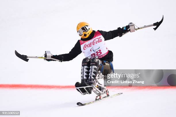 Jasmin Bambur of United States reacts after crossing the finish line during the Alpine Skiing - Men's Super-G, Sitting at the Jeongseon Alpine Centre...