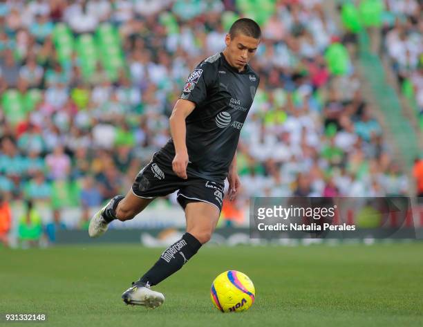 Eric Cantu of Rayados drives the ball during the 11th round match between Santos Laguna and Monterrey as part of the Torneo Clausura 2018 Liga MX at...