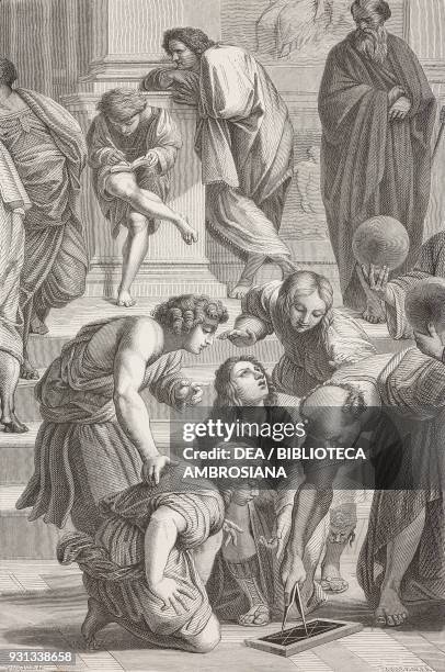 Euclid tracing geometric shapes surrounded by students, detail from the School of Athens, fresco by Raphael , Room of the Segnatura, Apostolic...