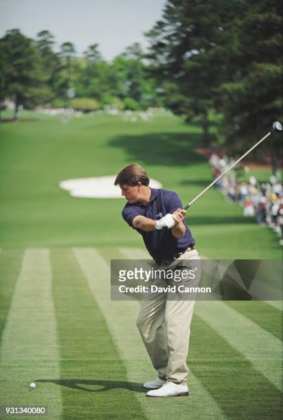 Phil Mickelson of the United States the low amateur plays a driver from the eighth tee during the 1992 Masters Tournament at Augusta National Golf...