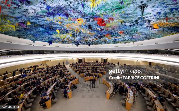 General view of the United Nations Human Rights Council during the presentation of report by the Commission of Inquiry on Syria, on March 13, 2018 in...