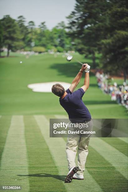 Phil Mickelson of the United States the low amateur plays a driver from the eighth tee during the 1992 Masters Tournament at Augusta National Golf...