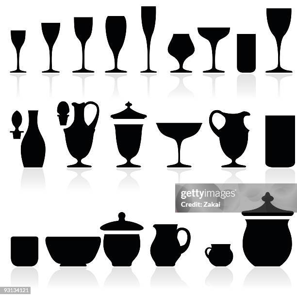 black silhouettes of glasses & cups & drink recipients - brandy snifter stock illustrations