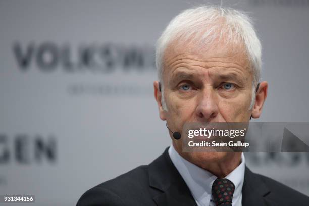 Matthias Mueller, Chairman of German automaker Volkswagen AG, attends the company's annual press conference on March 13, 2018 in Berlin, Germany....