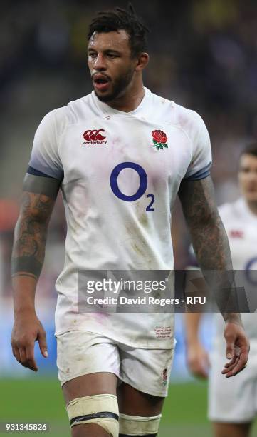 Courtney Lawes of England looks on during the NatWest Six Nations match between France and England at Stade de France on March 10, 2018 in Paris,...