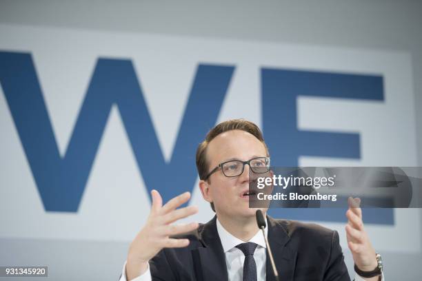 Markus Krebber, chief financial officer of RWE AG, gestures while speaking during a news conference in Essen, Germany, on Tuesday, March 13, 2018....