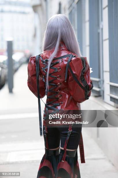 Model and fashion blogger of thenativefox Jennifer Grace wears Han Wen jacket and trousers day 2 of Paris Womens Fashion Week Spring/Summer 2018, on...