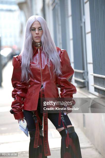 Model and fashion blogger of thenativefox Jennifer Grace wears Han Wen jacket and trousers and Bond jewellery day 2 of Paris Womens Fashion Week...