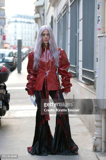 Model and fashion blogger of thenativefox Jennifer Grace wears Han Wen jacket and trousers and Bond jewellery day 2 of Paris Womens Fashion Week...