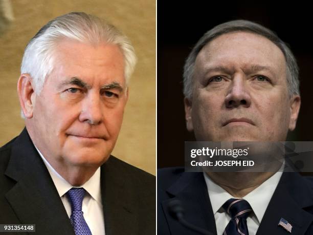 This combination of pictures created on March 13, 2018 shows then US Secretary of State Rex Tillerson on February 15, 2018 and then US Congressman...