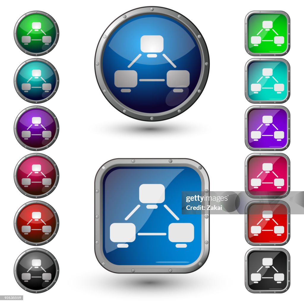 Network Work Button Local Area Network Glossy Buttons With Steel Frame High-Res Vector ...