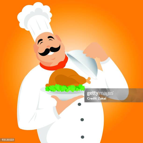 chef serving a hot roasted chicken - cooked broccoli stock illustrations