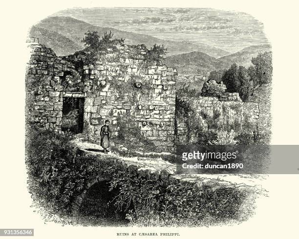 ancient roman ruins at caesarea philippi, golan heights - ruined golan heights stock illustrations