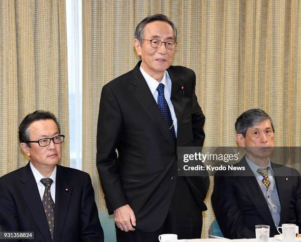 Hiroyuki Hosoda , head of the Liberal Democratic Party's constitutional reform panel, speaks at a meeting of the panel in Tokyo on March 7, 2018....