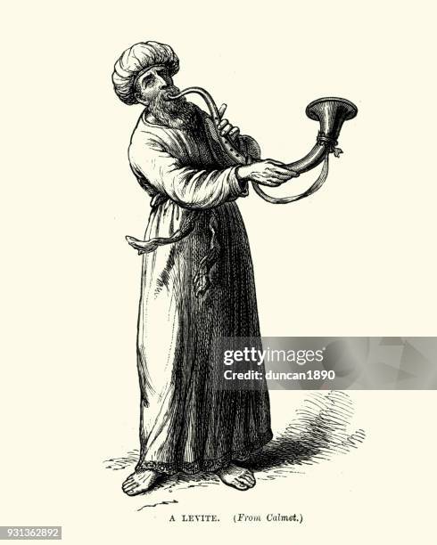 levite blowing a shofar, priests trumpets - shofar stock illustrations