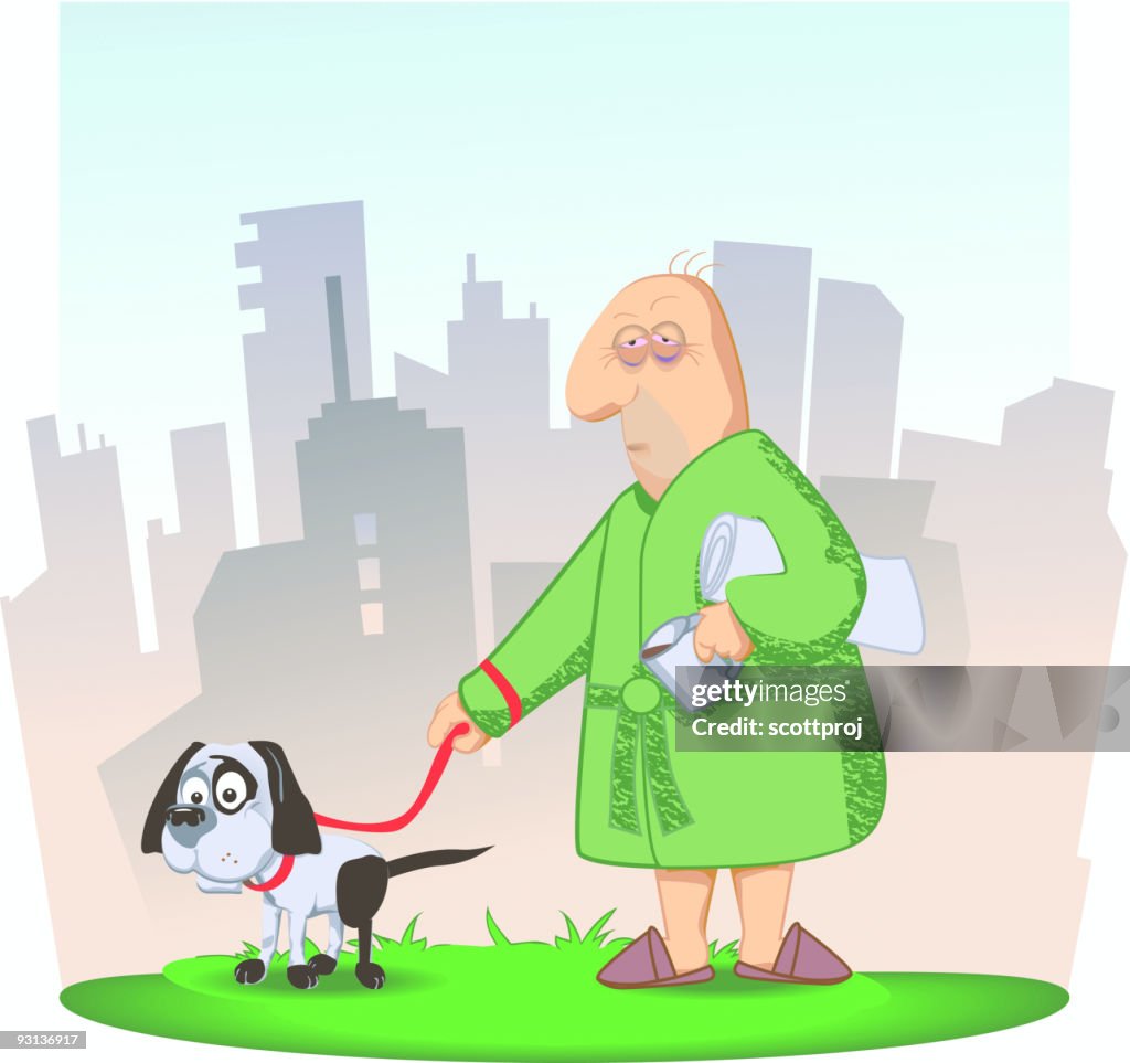 Tired man with coffe and newspaper walking dog
