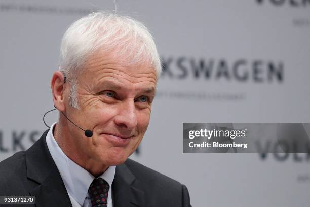 Matthias Mueller, chief executive officer of Volkswagen AG , reacts during a news conference at the automaker's annual media conference in Berlin,...