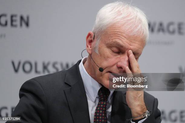 Matthias Mueller, chief executive officer of Volkswagen AG , reacts during a news conference at the automaker's annual media conference in Berlin,...