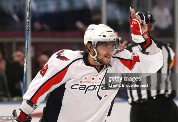 Alex Ovechkin of the Washington Capitals scores a first period goal againsy against the New York Rangers at Madison Square Garden on November 17,...
