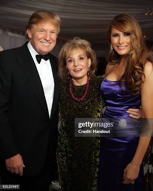 In this handout image provided by Ivanka Trump and Jared Kushner, Donald Trump, Barbara Walters and Melania Trump attend the Ivanka Trump and Jared...